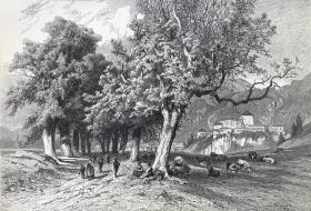 《库夫斯坦景观，库夫斯坦要塞》—捷克风景画家尤里尔斯·马沙克(Julius Mařák,1832 - 1899年)作品 19世纪末木刻版画 雕刻师Waldheim 版内签名 纸张尺寸39*29.5厘米