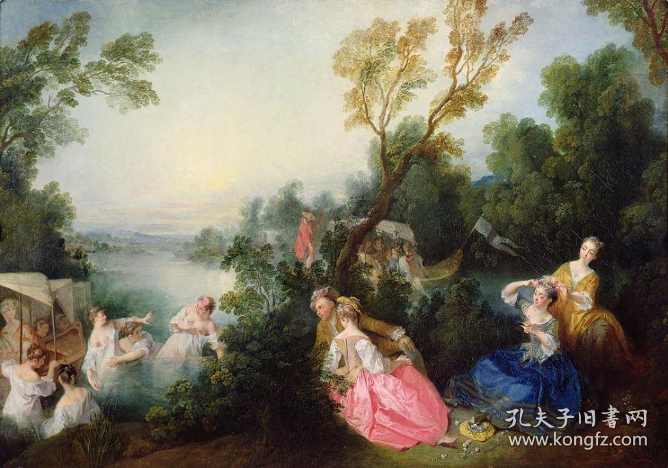 《沐浴之趣，雅宴画》—法国洛可可风格画家尼古拉·朗克雷(Nicolas Lancret,1690-1743年)作品 20世纪初大幅照相腐蚀凹版铜版画 50*35.5厘米