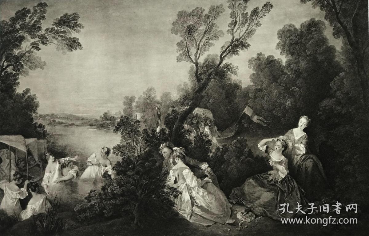 《沐浴之趣，雅宴画》—法国洛可可风格画家尼古拉·朗克雷(Nicolas Lancret,1690-1743年)作品 20世纪初大幅照相腐蚀凹版铜版画 50*35.5厘米