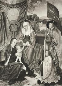 《圣安妮、圣格瑞恩和捐赠者的母子图》—德国文艺复兴时期画家巴塞洛缪·布鲁因(Bartholomäus Bruyn,1493–1555年)作品 20世纪初照相腐蚀凹版铜版画 纸张32.4*24.9厘米
