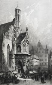 19世纪原创蚀刻铜版画《Frauenkirche教堂外景》—纽伦堡蚀刻系列，德国画家兼蚀刻师Lorenz Ritter(1832 - 1921年)作品 纸张尺寸41.3*31.5厘米
