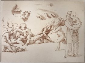 【拉斐尔】1823年超大幅飞尘蚀刻铜版画《一群孩子在玩耍》—意大利文艺复兴三杰之拉斐尔( Raphael,1483-1520年)作品 雕刻师Frederick Christian Lewis 纸张尺寸56.2*38.2厘米
