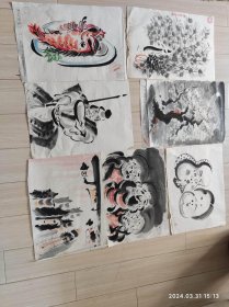 墨画 共7幅日本美术作品 非印刷