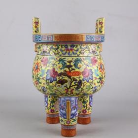 清乾隆珐琅花卉灵芝三足兽面鼎 尺寸高32宽20厘米