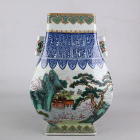 清乾隆粉彩山水贯耳瓶 尺寸高31宽20厘米