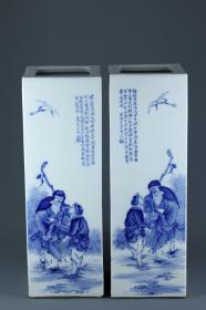 民国-王步青花八仙人物图四方书画筒 高度49.2cm，口径16.7cm，底径16.7cm。