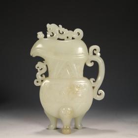 和田玉“兽面纹”三足爵杯 尺寸:高14.7cm，宽9.7cm，厚3.5cm，重224g