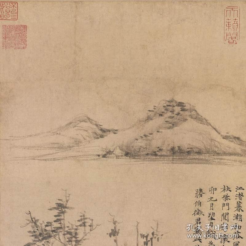 元倪瓒江渚风林图复古字画水墨风景国画挂轴高清微喷仿古复制装饰