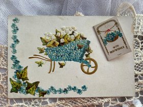 35、1900年vintage铃兰花勿忘我花卉图浮雕手写明信片贴邮票