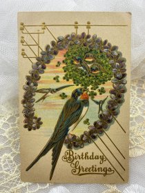 85.美国1910年燕子花卉图浮雕手写实寄明信片贴邮票