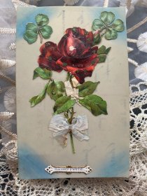 10.法国1910年赛璐珞玫瑰花卉浮雕凸版手写明信片贴邮票