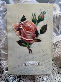 9.法国1910年赛璐珞玫瑰花浮雕手写明信片手帐素材