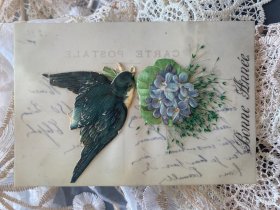 37.法国1910年赛璐珞燕子手工香草籽浮雕凸版手写明信片