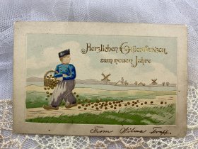 11.美国1907年手提篮子男孩浮雕手写明信片贴邮票