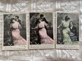 104.法国1910年铃兰花情侣手写明信片3张、手帐素材