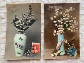 115.法国1912年铃兰花手写明信片贴邮票2张、手帐素材