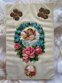 45.法国1905年赛璐珞维多利亚天使女孩勿忘我玫瑰花浮雕手写明信片贴邮票