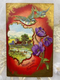 2.美国1910年燕子花卉浮雕手写实寄明信片