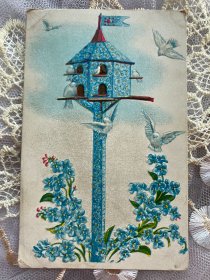 15.美国1910年勿忘我花卉灯塔鸽子浮雕手写实寄明信片贴邮票