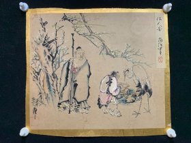 古笔仙人图【狩野尚信】1607-1650，江戸時代前期の画家。狩野孝信の次男。父の跡をつぐ。寛永7年(1630)江戸にでて幕府奥絵師となり,木挽町狩野家をひらく。二条城,御所などの障壁画制作に参加した。代表作に聖衆来迎寺客殿の襖絵「竹林の七賢図」。44歳。京都出身。通称は主馬。号は自適斎。