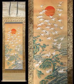 土佐光贞 蓬莱仙境百鹤图 【土佐光貞】1738-1806，日本德川幕府御用画师,土佐派重要画家，土佐光芳之子，幼名茂松，字士享。土佐派的重要画家之一。承袭父职为绘所预。官至从四位上左近将监，内匠大允。善作屏风画。
