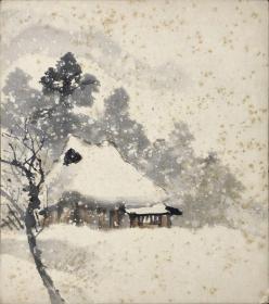 无款，雪景图，春景山水图，一张卡纸 双面画，一面冬景，一面春景