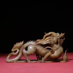 旧藏,汉代生坑白玉满沁龙摆件