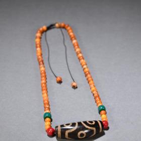 旧藏 藏传精品蜜蜡配六眼天珠项链。
