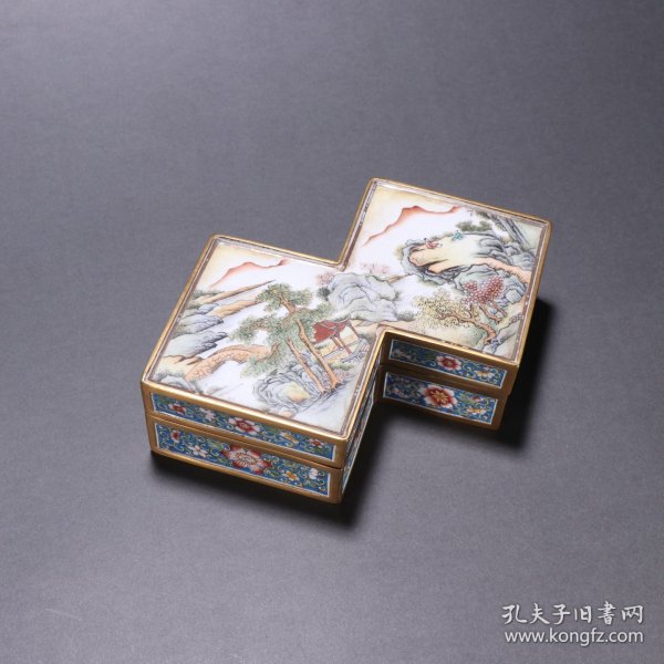 清 铜胎画珐琅山水风景菱形盖盒