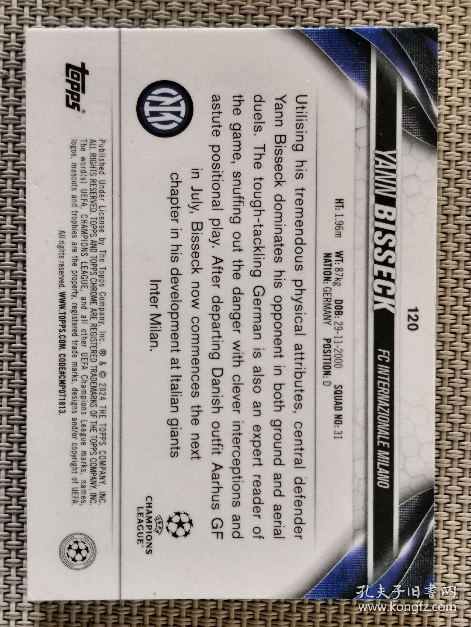 球星卡：TOPPS CHROME-意甲国际米兰队-YANN BISSECK