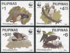 菲律宾1991年 世界野生动物基金会 鸟类 食猴鹰  WWF 4全新 （ 动画片黑猫警长中食猴鹰的原型）