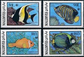 马尔代夫1986年 世界野生动物基金会  WWF  珊瑚礁鱼类 4全新 灰镰鱼 双棘甲尻鱼 浅色双锯鱼 主刺盖鱼