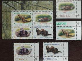 格鲁吉亚 1999年 世界野生动物基金会 WWF 欧洲水貂 4全新 2种版式  8全新（ 4连+4枚，两种版式拉丁文字体不同）