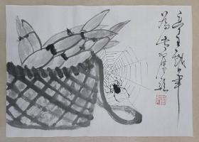 宣纸手绘：箩筐莲藕蜘蛛中国画