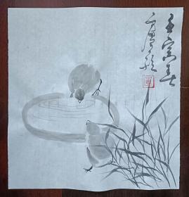 宣纸手绘：小鸡争食 中国画