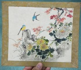 80年代老画：菊花石头红叶小鸟（装裱在硬纸板上）尺寸：20.5*23