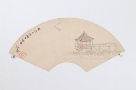 日本回流字画 手绘真迹名家《水亭扇面》中林竹洞(1776-1853)，清代日本南画家。名成昌，字伯明，号竹洞。27岁与同门山本梅逸共赴京都、自立门派。研习临摹中国元，明古画。成为南画界举住轻重的人物。