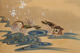 日本回流字画 古筆 佚名 鴛鴦戲水圖 手绘真迹名家