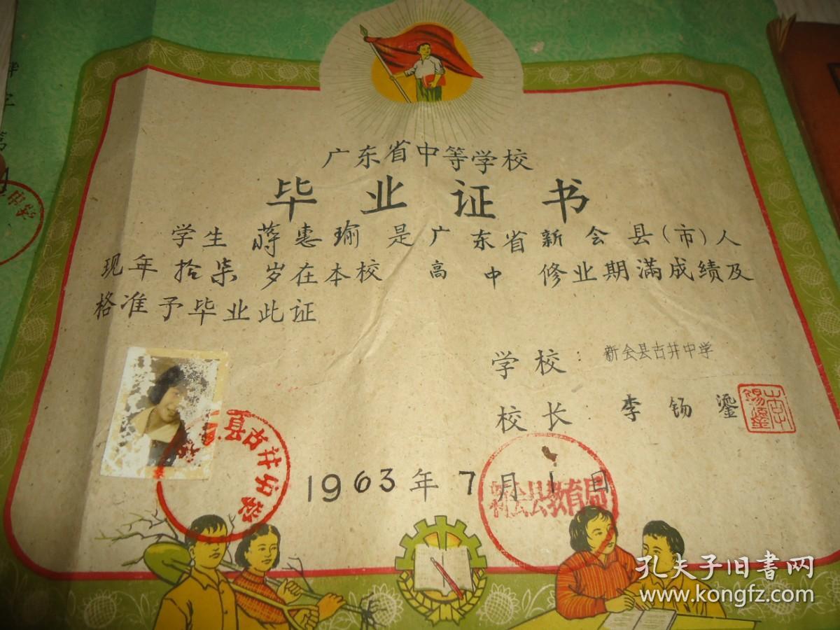 1963年广东新会县古井中学李锡鎏发给学生蒋惠瑜 *《广东省中等学校毕业证书》*一张 背面有成绩表