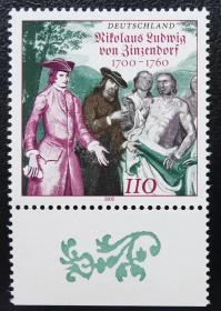 德国2000年邮票 诗人尼古拉斯·青岑多夫诞辰300周年 1全新 彩色下边纸！2015斯科特目录1.4美元
