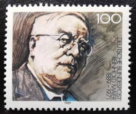 德国西德1989年邮票 政治家R•迈尔诞生百年 1全新 原胶全品 2015斯科特目录1.4美元