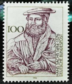 德国1994年邮票 诗人 冯·汉斯萨克诞辰500周年 1全新 2015斯科特目录1.25美元 左下彩色双边纸！