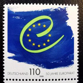 德国1999年邮票  欧洲理事会成立50周年 欧盟标志 1全新 2015斯科特目录1.4美元！左上双边纸！
