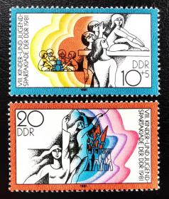 东德1981年邮票。青少年运动会。平衡木。艺术体操。2全新。