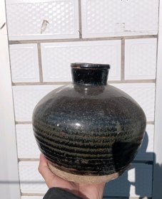黑瓷罐，黑釉铁锈花罐-45