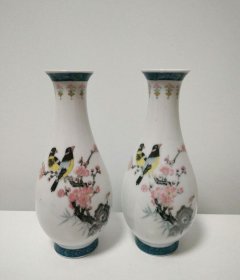 春色满园花鸟瓶一对中国礼陵薄瓷稀少-55