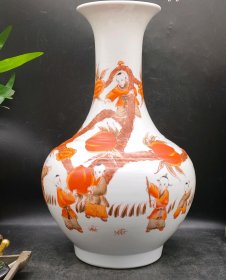 建国后梵红粉彩九子寿桃瓷器花瓶-52