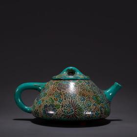 旧藏·谈氏仙童款紫砂画珐琅花开富贵茶壶