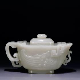 清代，和田白玉螭凤纹茶壶