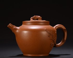 旧藏 原矿紫砂堆雕梅花纹茶壶